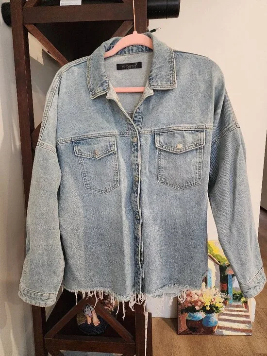 Mavi Oversized Denim Jacket Raw Hem Light Wash Cotton Women’s S M L Casual - Picture 2 of 6